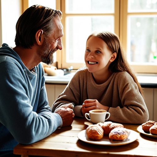 Home 11 **A cozy Swedish "fika" scene:** A warmly lit kitchen on a Sunday morning. An adult child and their parent(s) are sitting at a wooden table, enjoying coffee ("kaffe") and pastries. The atmosphere is relaxed and inviting, with soft natural light. Focus on the expressions of open communication and trust.