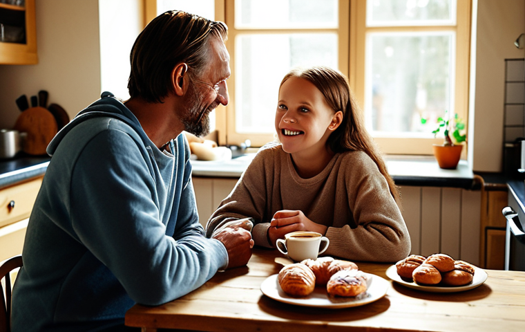**A cozy Swedish "fika" scene:** A warmly lit kitchen on a Sunday morning. An adult child and their parent(s) are sitting at a wooden table, enjoying coffee ("kaffe") and pastries. The atmosphere is relaxed and inviting, with soft natural light. Focus on the expressions of open communication and trust.