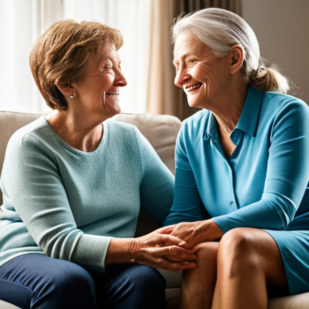 A mature woman and her adult daughter are seated comfortably in a sunlit, modern living room, sharing a quiet, warm moment. The daughter gently holds her mother's hand, looking at her with a heartfelt expression of gratitude and warmth, while the mother responds with a soft, content smile. Both individuals are fully clothed in modest, appropriate attire, suitable for a professional family portrait. The scene conveys a deep, respectful emotional connection. safe for work, appropriate content, perfect anatomy, correct proportions, natural pose, well-formed hands, proper finger count, natural body proportions, professional photography, high quality, family-friendly.