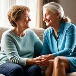 A mature woman and her adult daughter are seated comfortably in a sunlit, modern living room, sharing a quiet, warm moment. The daughter gently holds her mother's hand, looking at her with a heartfelt expression of gratitude and warmth, while the mother responds with a soft, content smile. Both individuals are fully clothed in modest, appropriate attire, suitable for a professional family portrait. The scene conveys a deep, respectful emotional connection. safe for work, appropriate content, perfect anatomy, correct proportions, natural pose, well-formed hands, proper finger count, natural body proportions, professional photography, high quality, family-friendly.