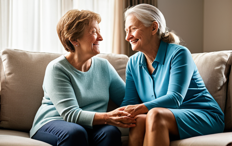 A mature woman and her adult daughter are seated comfortably in a sunlit, modern living room, sharing a quiet, warm moment. The daughter gently holds her mother's hand, looking at her with a heartfelt expression of gratitude and warmth, while the mother responds with a soft, content smile. Both individuals are fully clothed in modest, appropriate attire, suitable for a professional family portrait. The scene conveys a deep, respectful emotional connection. safe for work, appropriate content, perfect anatomy, correct proportions, natural pose, well-formed hands, proper finger count, natural body proportions, professional photography, high quality, family-friendly.